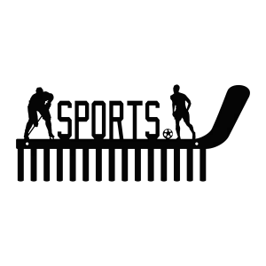 A black painted steel medal holder featuring the word 'SPORTS' with silhouettes of a hockey player and a soccer player on a hockey stick design. Includes 15 hooks for hanging medals.